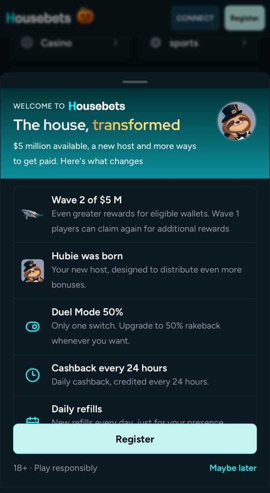 Housebets welcome screen listing Wave 2, Duel Mode 50%, daily cashback and daily refills